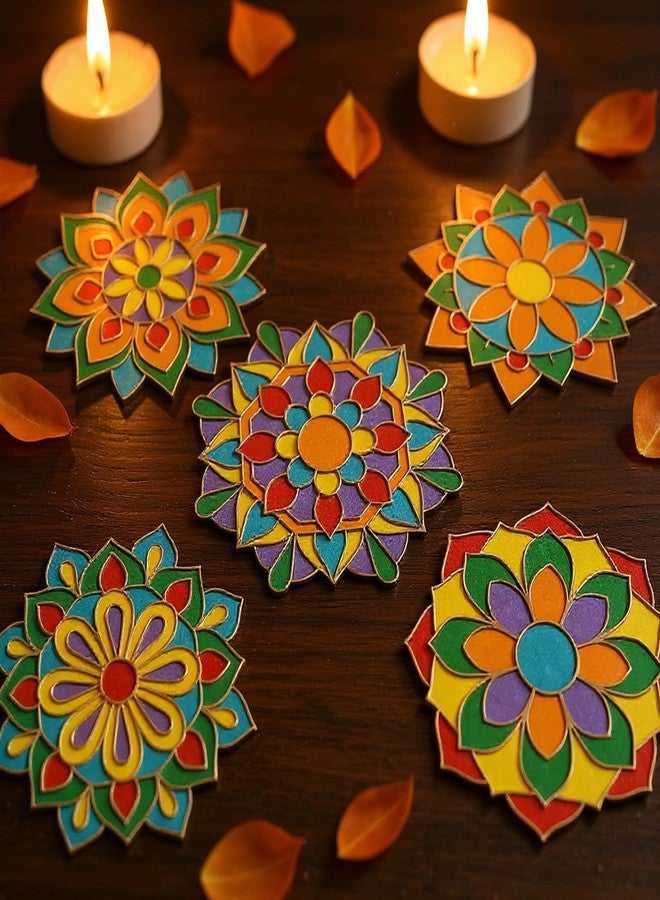 Weekgrat 6 Pcs 9 Inch Diwali Mandala Sand Art Set Reusable Rangoli Mats with Colored Sands Wooden DIY Floral Indian Rangoli Stencils Decorative Plates DIY Crafts for Traditional (Exquisite) - Image 2